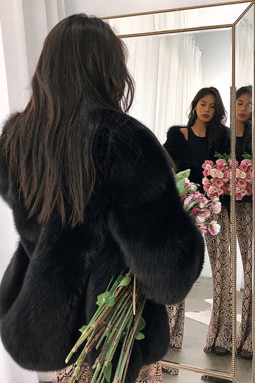 Abrigo negro de piel sintética con frente abierto para mujer